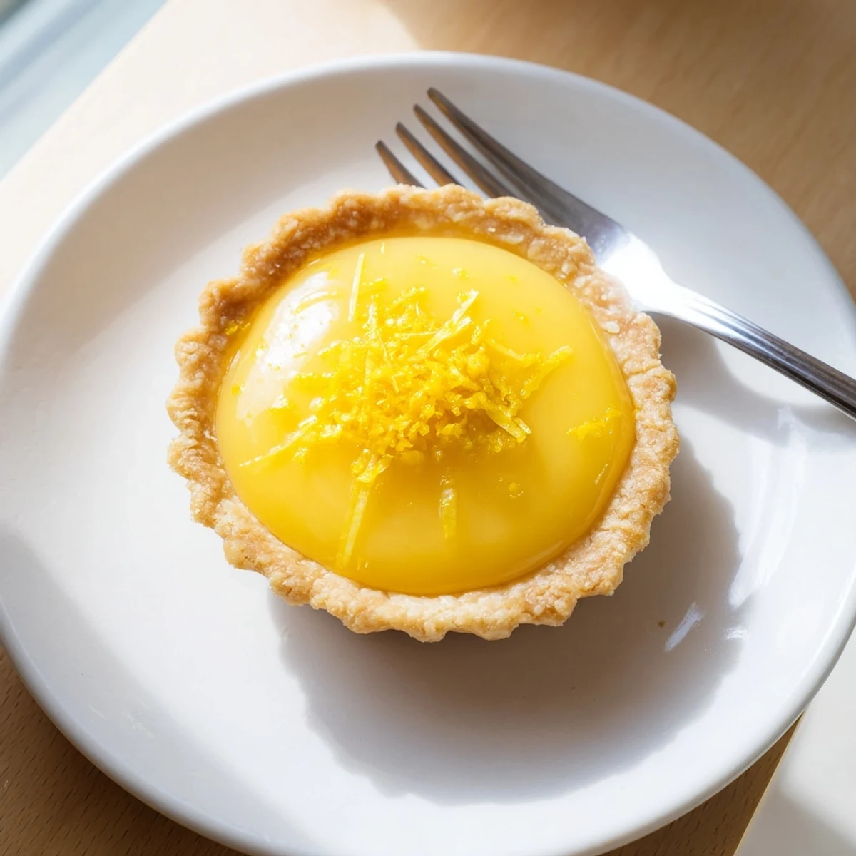 Golden, flaky Lemon Curd Tartlets, a delightful dessert with vibrant yellow, creamy filling.