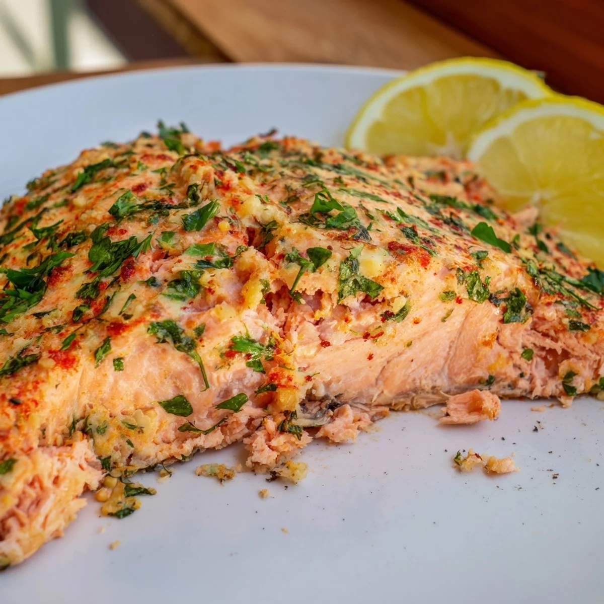 Golden herb crusted salmon, flaky and aromatic, perfect for a special, satisfying dinner at home.