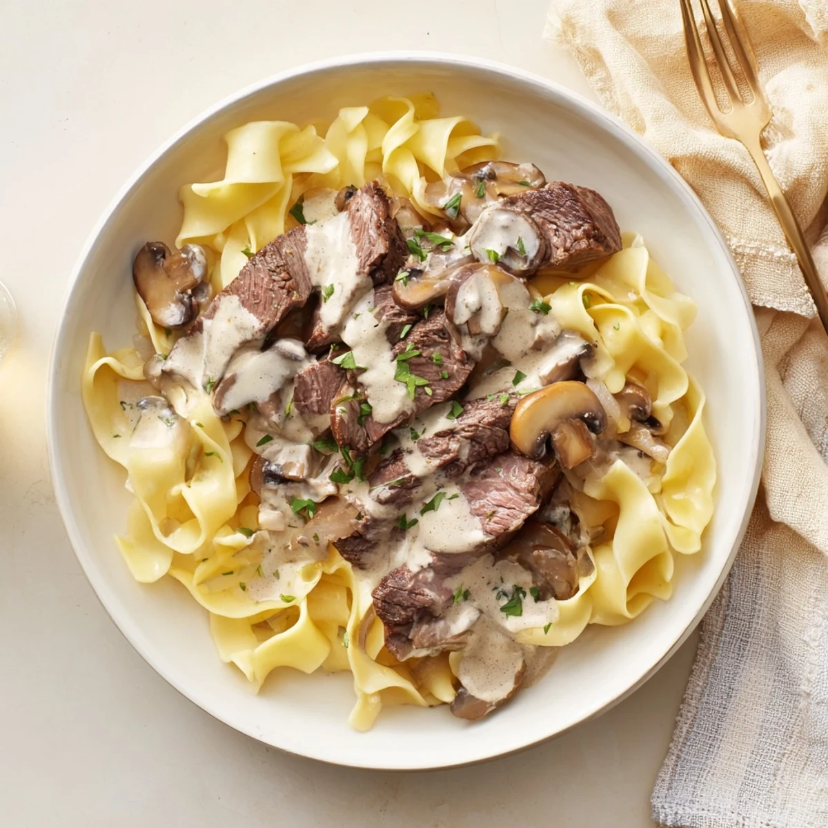 A steaming bowl of Savory Beef and Mushroom Stroganoff served on a bed of wide egg noodles.