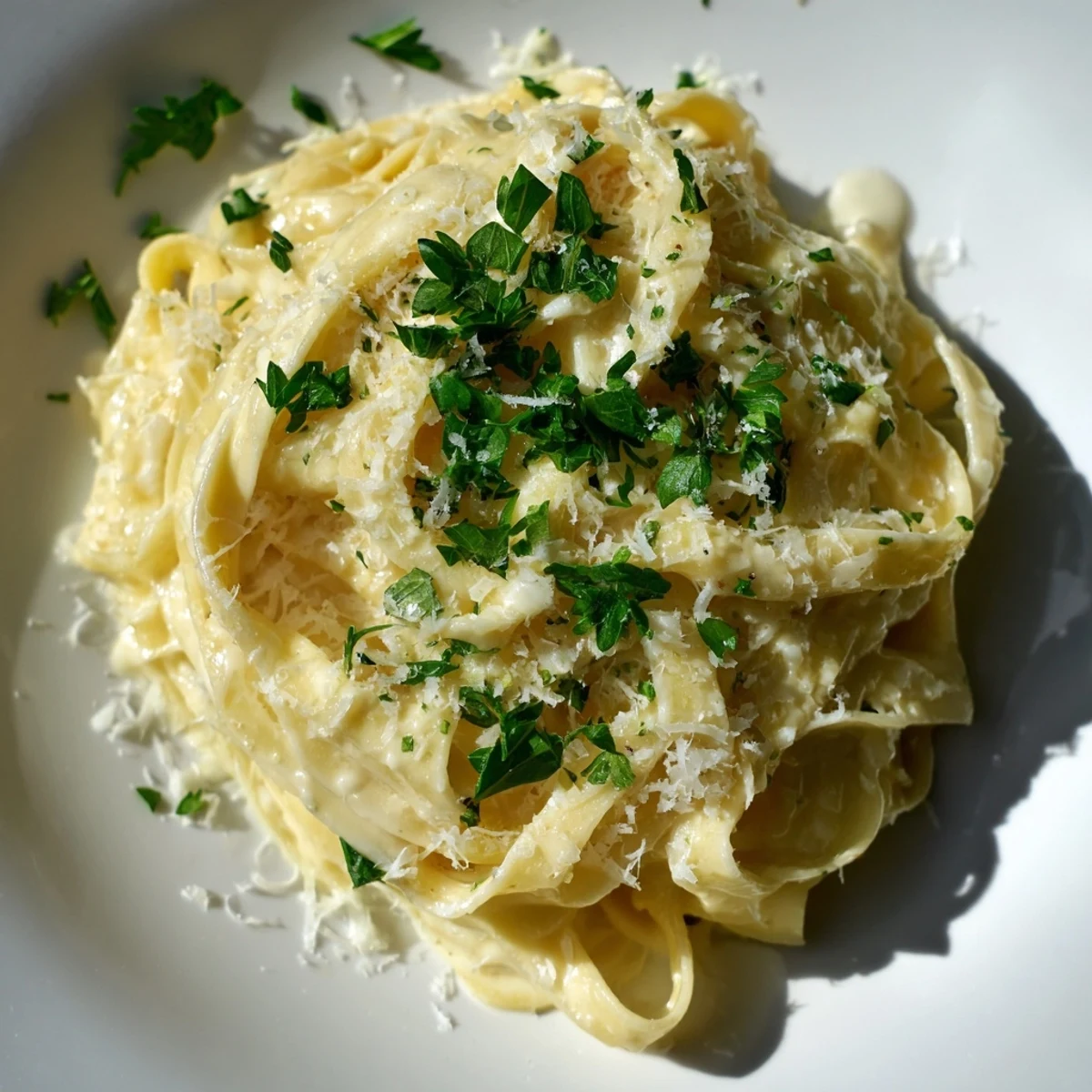 A creamy, decadent Creamy Garlic Parmesan Pasta, garnished with fresh parsley, is an inviting dinner.