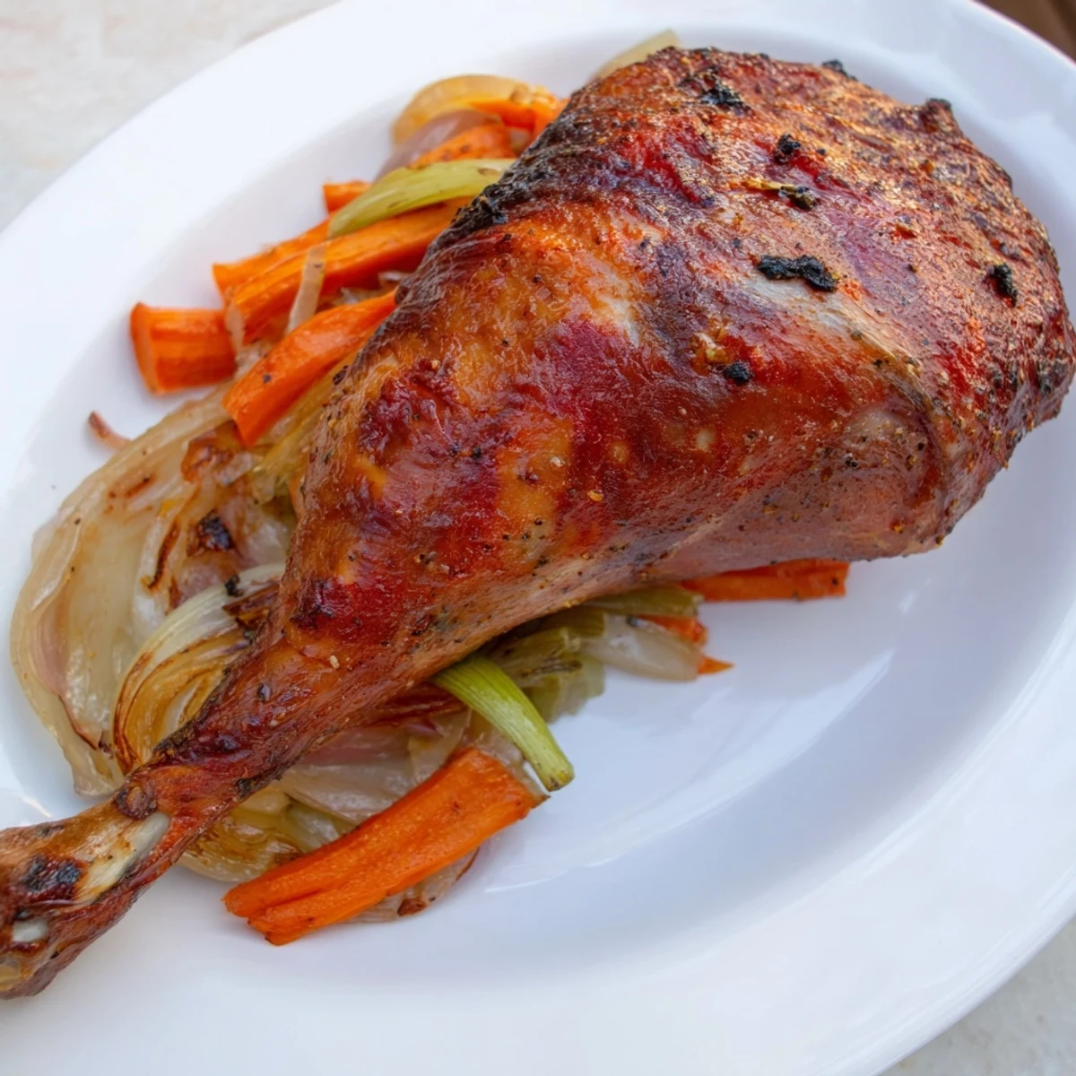 Golden, crispy skin on slow roasted turkey legs, ready for a comforting American dinner.