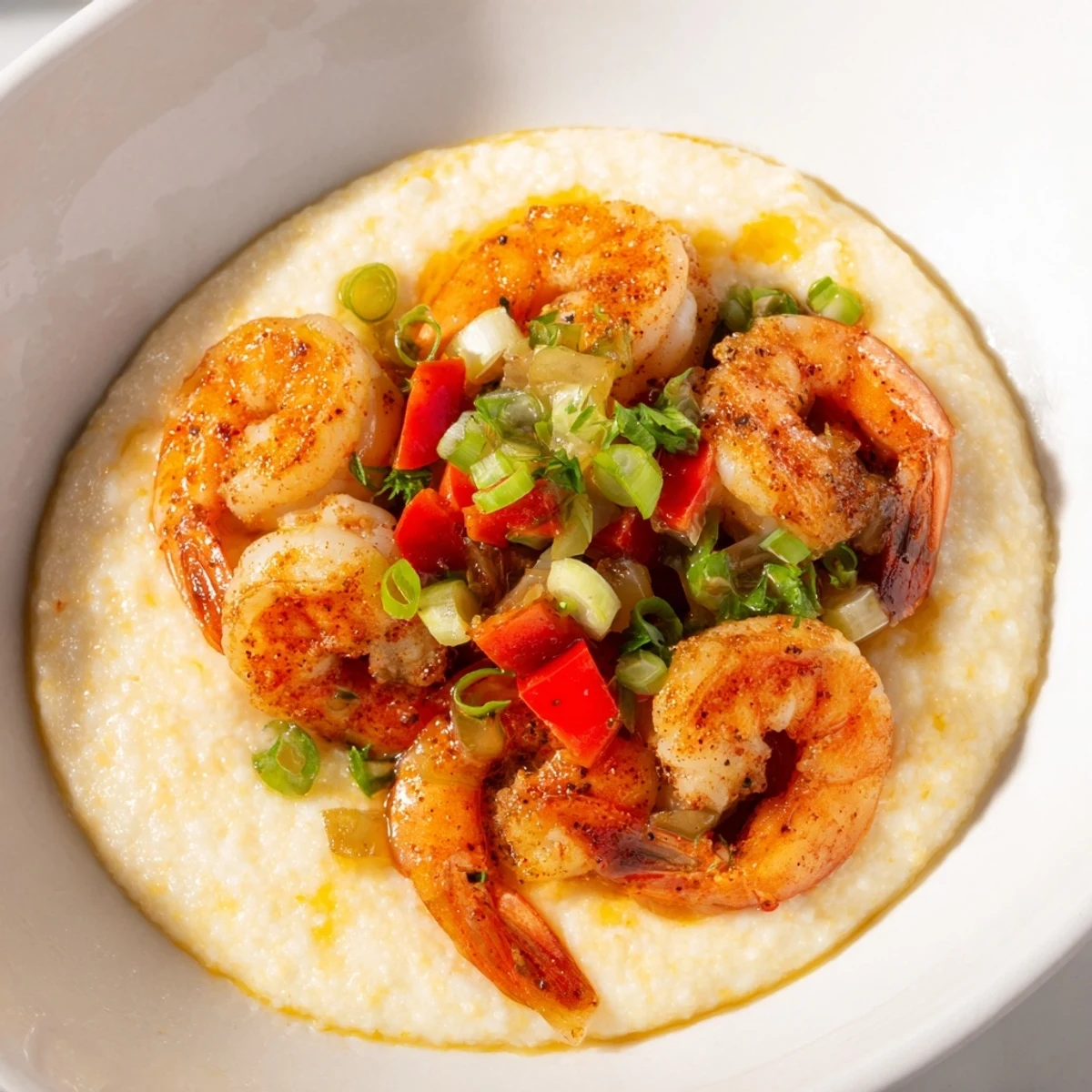 A bowl of Spicy Cajun Shrimp and Grits: creamy grits topped with vibrant, seasoned shrimp.