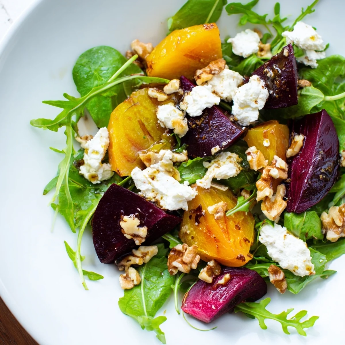 Vibrant roasted beet and goat cheese salad, with creamy goat cheese and sweet beets, ready to enjoy.