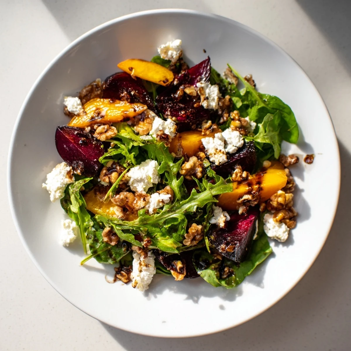 Brightly colored roasted beet and goat cheese salad, drizzled with balsamic vinaigrette, a delicious vegetarian meal.