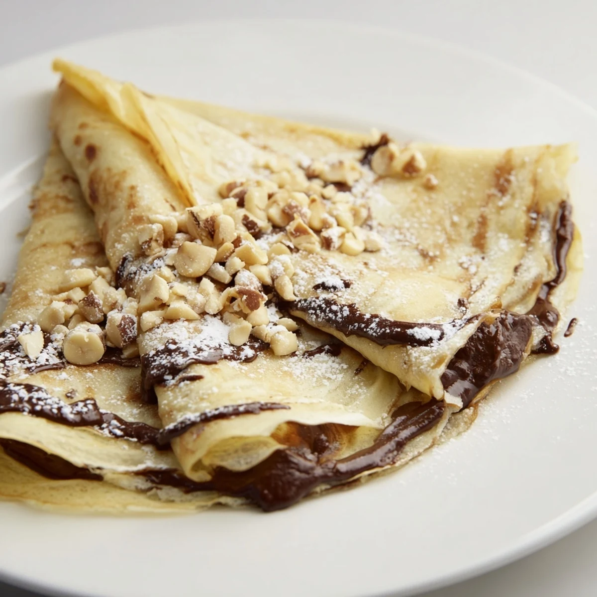 Golden-brown Chocolate Hazelnut Spread Crepes folded and ready, drizzled with sweet powdered sugar.