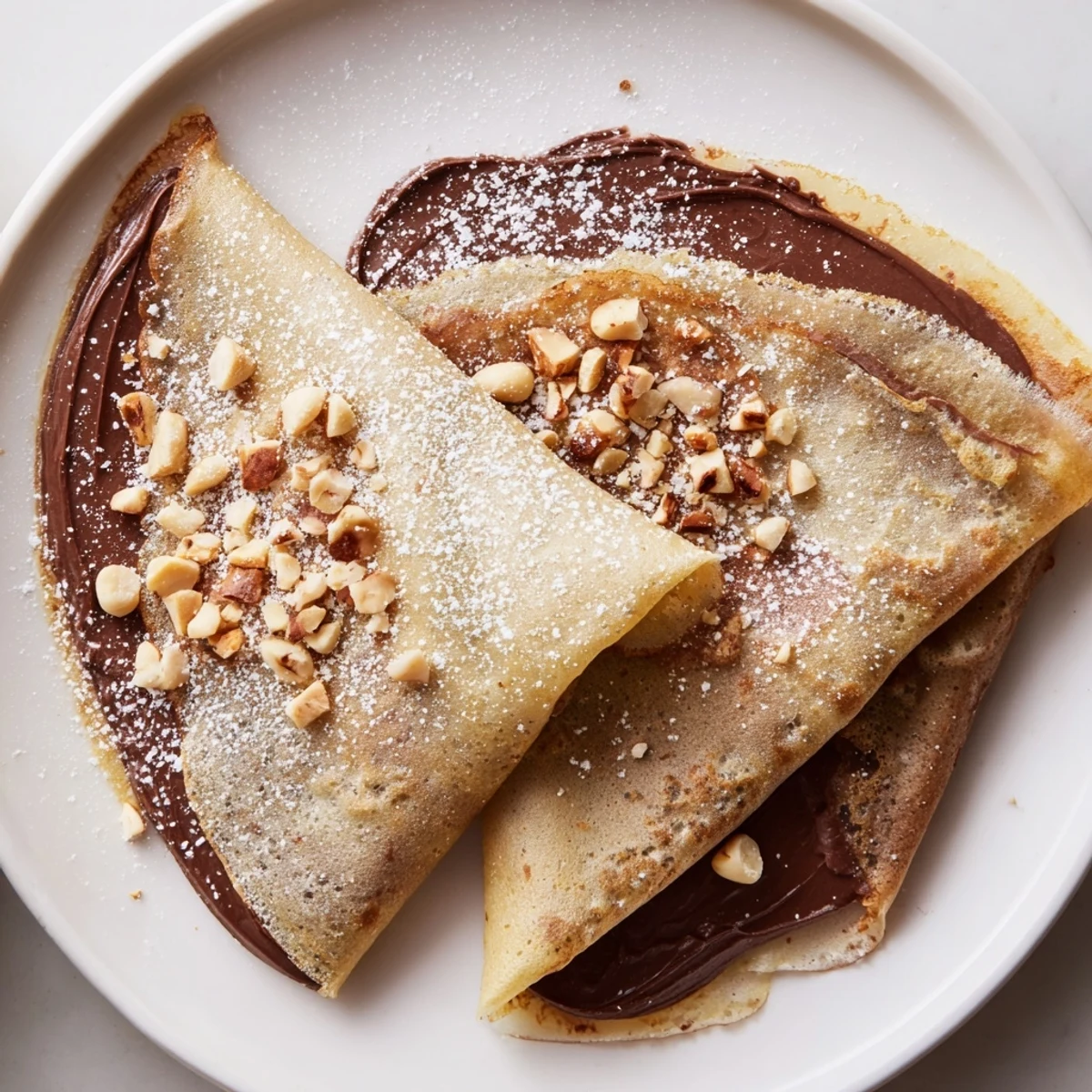 Indulgent photo of warm Chocolate Hazelnut Spread Crepes, sprinkled with toasted hazelnuts and perfect for brunch.