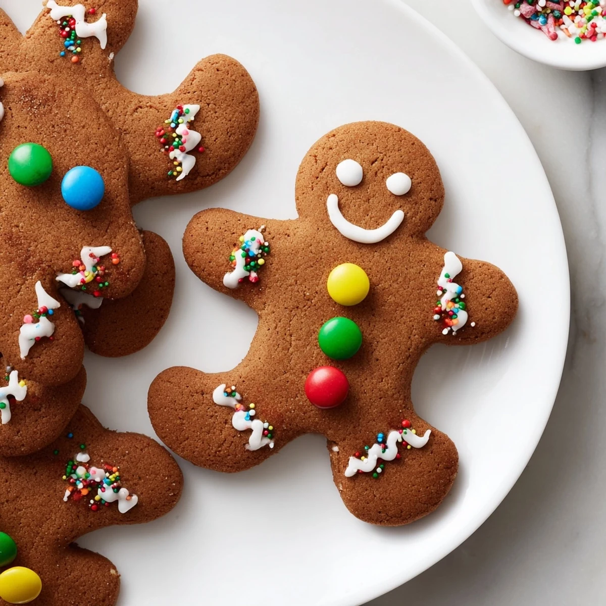 Decorated gingerbread men cookies, warm spiced aroma, ready for holiday festivities, showcasing vibrant candies.