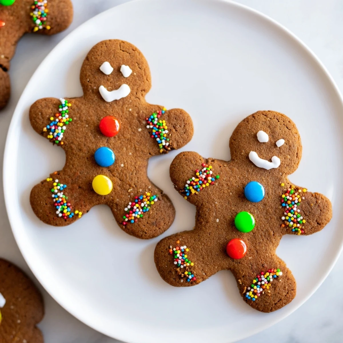 Festive gingerbread men cookies, iced beautifully with colorful designs, perfect for a Christmas treat on a plate.