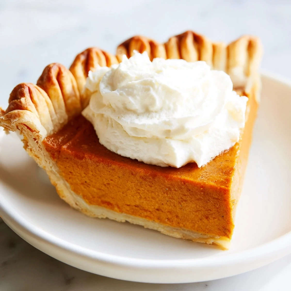 Flaky crust filled with spiced pumpkin pie, topped with light, airy whipped cream.