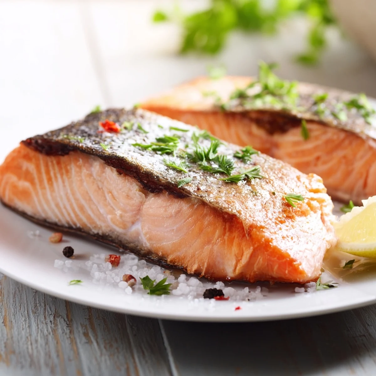 Image shows glistening Crispy Skin Pan Seared Salmon with a perfectly browned, crackling skin.