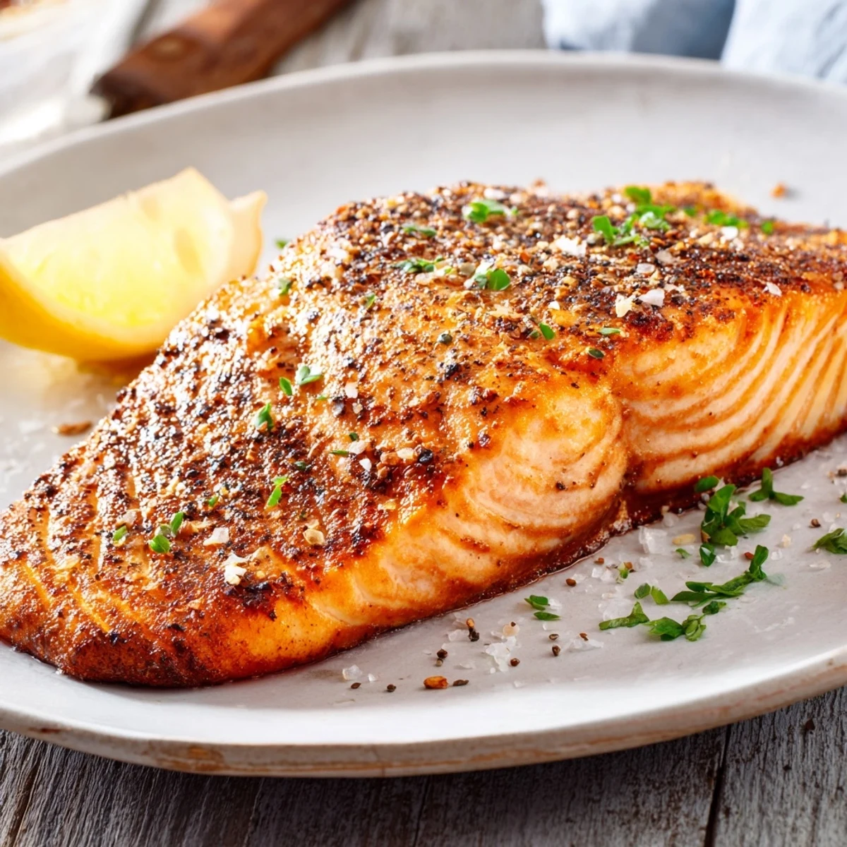A close-up of delicious Crispy Skin Pan Seared Salmon ready to eat, a flavorful pescatarian meal.