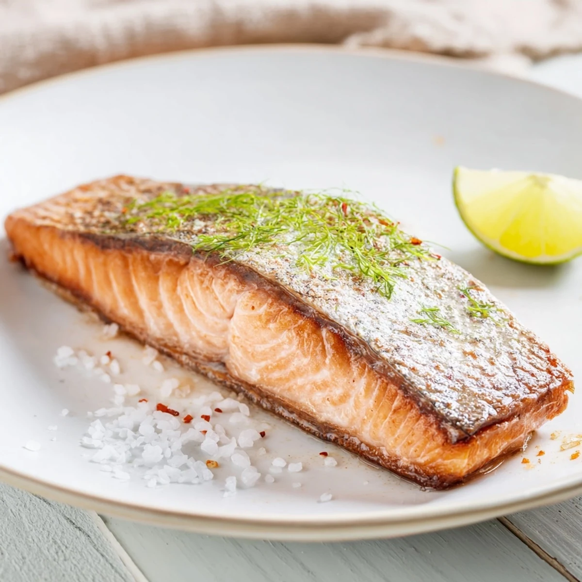 Golden-crisp pan seared salmon, with flaky insides, served alongside fresh lemon wedges and dill.