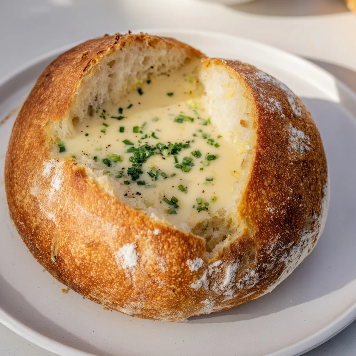 Crusty golden brown Rustic Sourdough Bread Bowls, perfect for holding a steaming bowl of delicious stew.