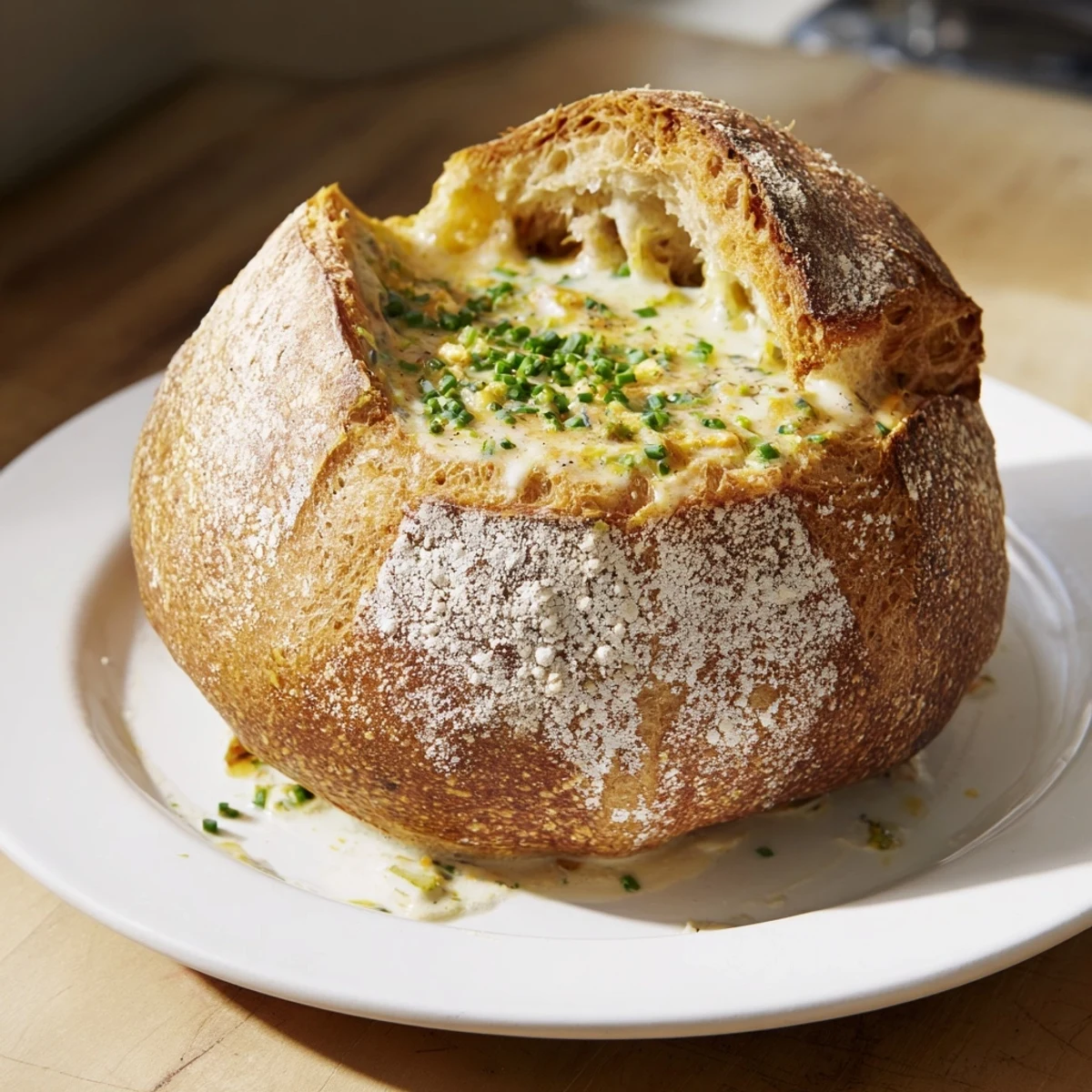 A close-up view shows a rustic sourdough bread bowl with a soft, airy interior, ready to be filled.