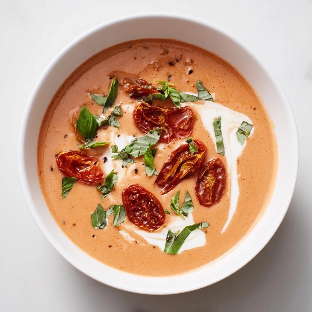 Creamy roasted tomato and basil soup, a warm bowl with fresh basil garnish, looks inviting.