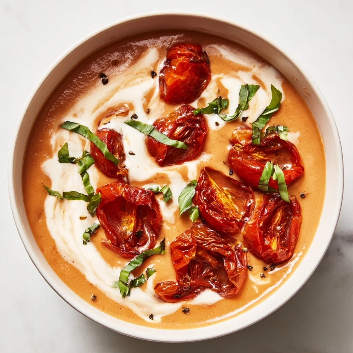 Thick, creamy roasted tomato and basil soup, perfect for dipping crusty bread into.