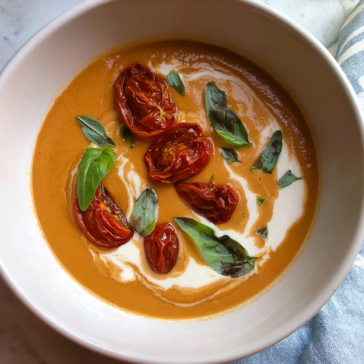Close-up of bubbling creamy roasted tomato and basil soup, rich with oven-roasted flavors.