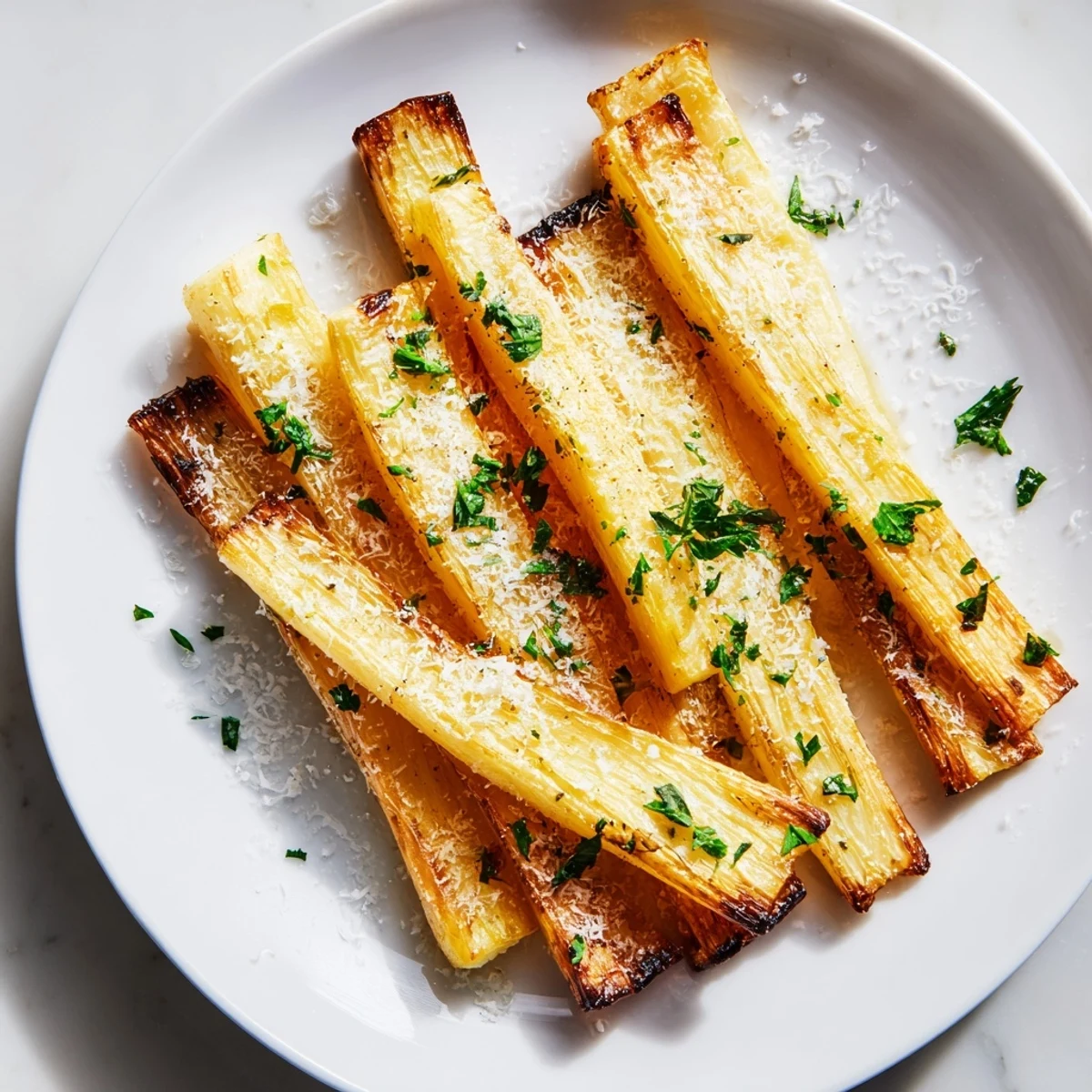 Golden Crispy Roasted Parsnips, glistening and sizzling on a baking tray, ready for a delicious side dish.