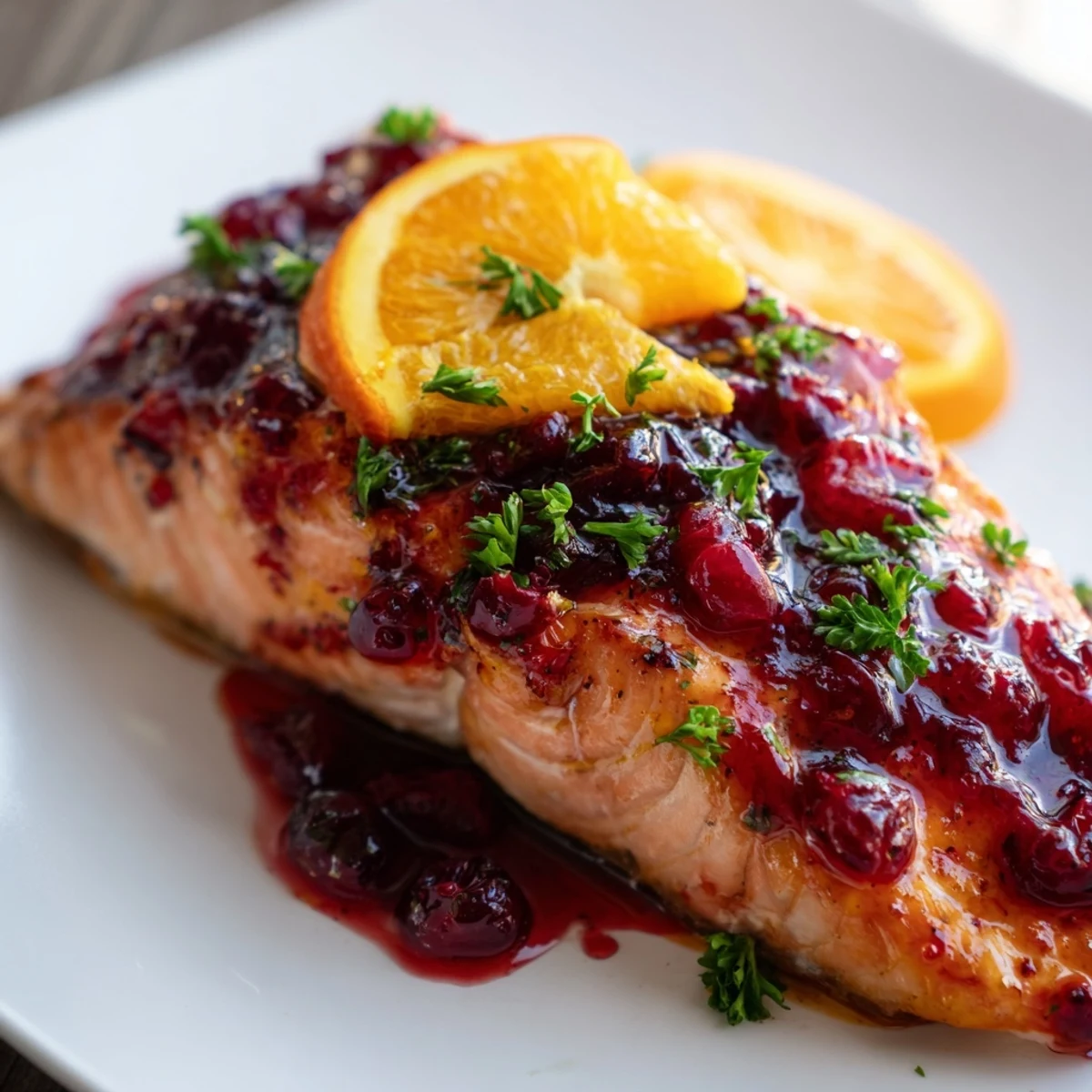 Oven-baked Cranberry Glazed Salmon Fillets, showcasing flaky salmon under a sweet and tangy cranberry glaze.