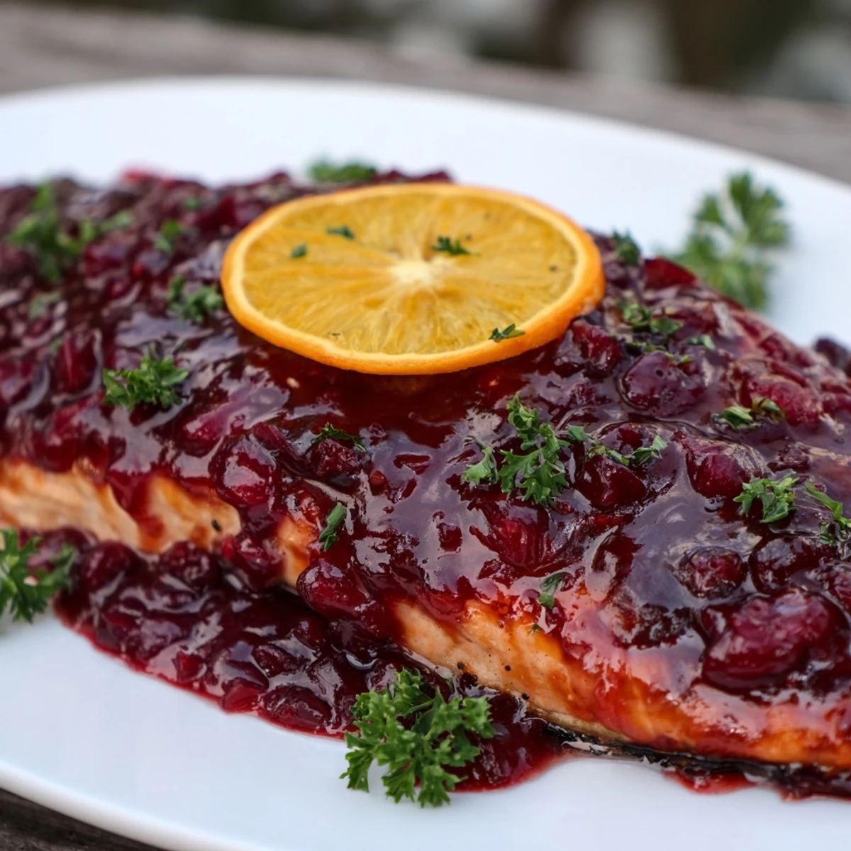 Plated Cranberry Glazed Salmon Fillets with fresh parsley garnish, ideal for a delicious and healthy dinner.