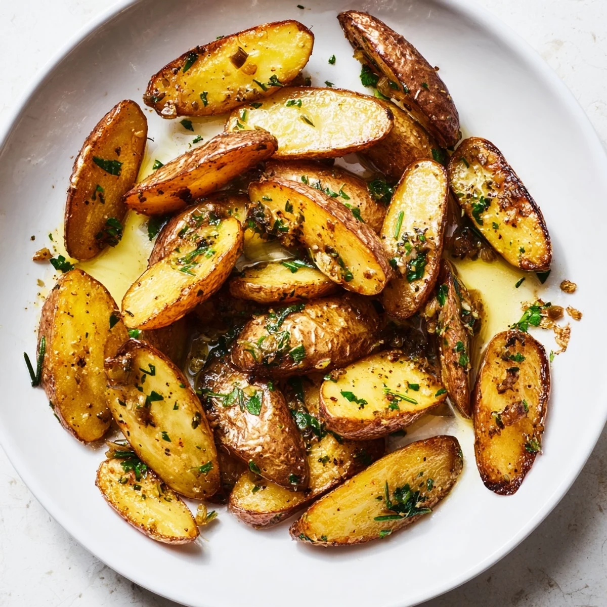 Golden, crispy Garlic Herb Roasted Fingerling Potatoes, a flavorful side dish ready for your next dinner.