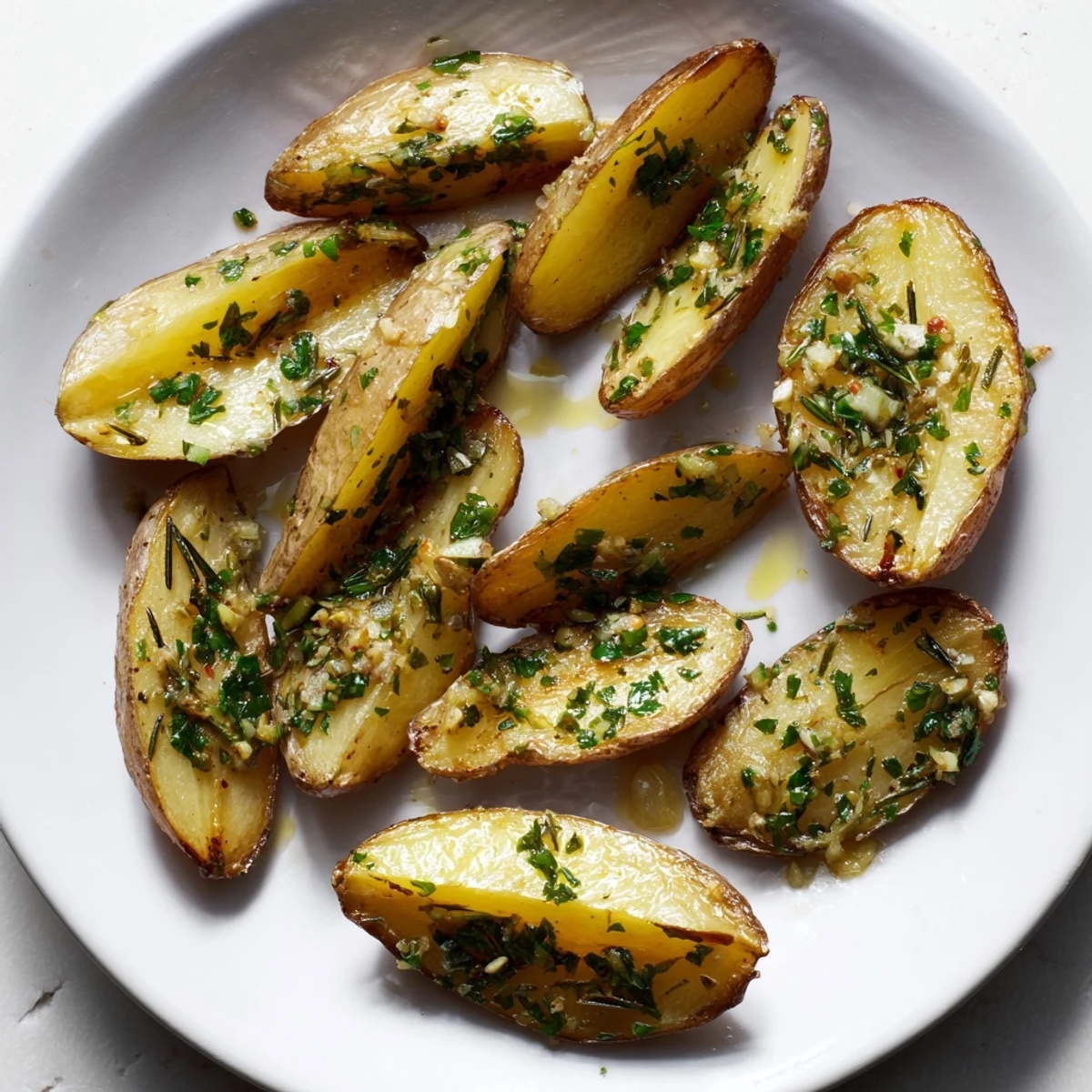 Tender Garlic Herb Roasted Fingerling Potatoes with aromatic herbs, perfect for a vegetarian meal.