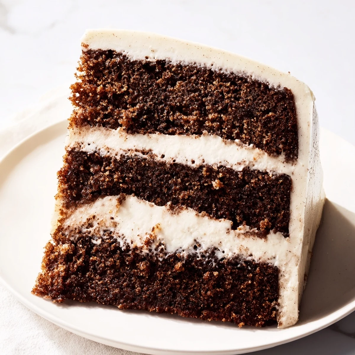 Tiers of spiced gingerbread layer cake, decadently frosted with cream cheese, perfect for sharing and celebration.