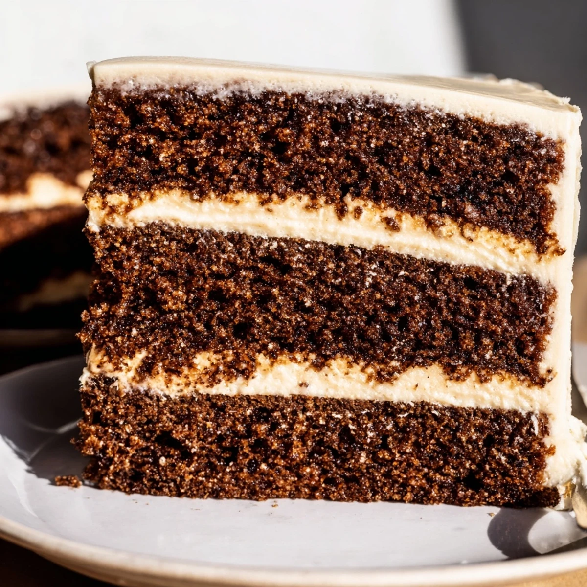 A generously frosted spiced gingerbread layer cake, a holiday dessert masterpiece ready to serve.