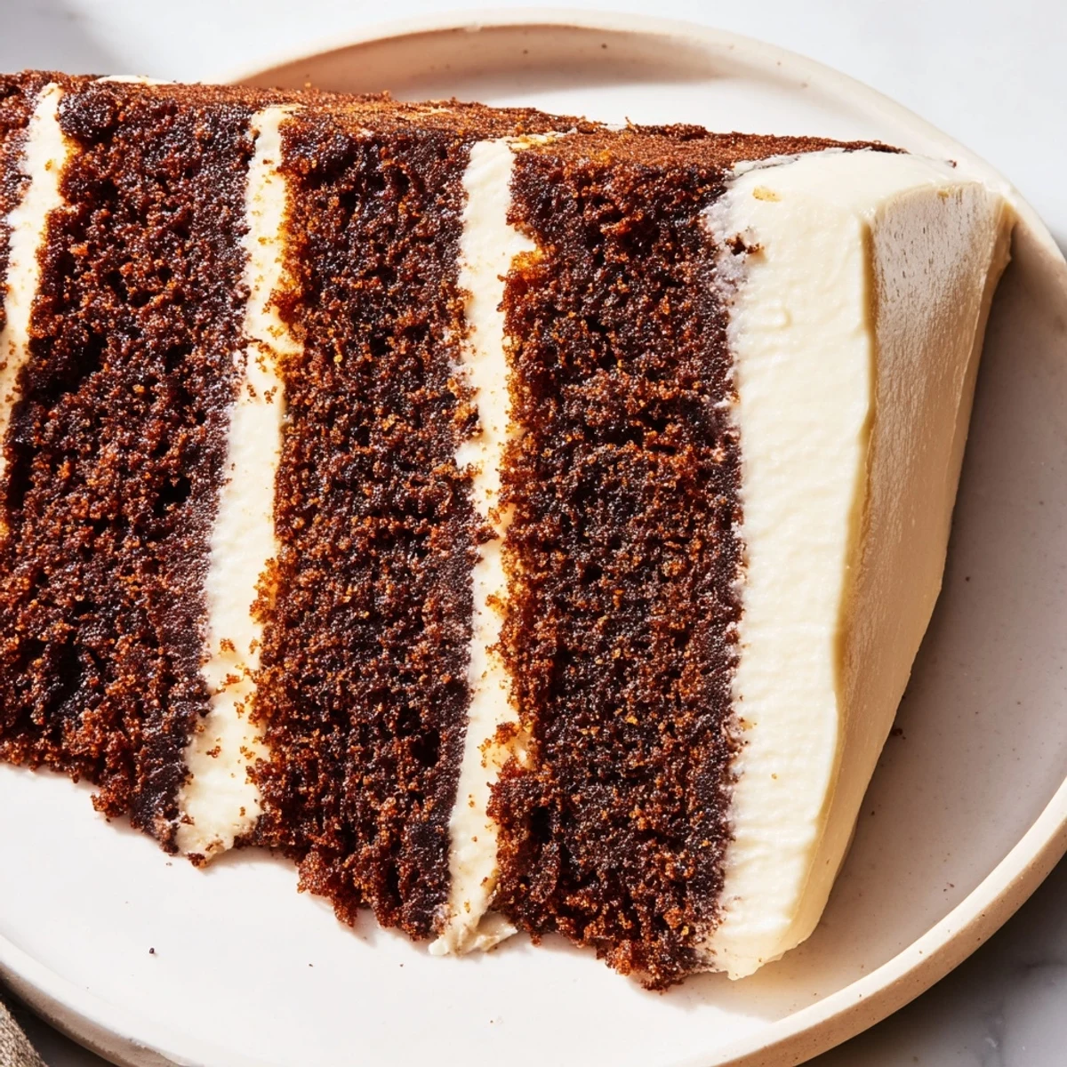 Warm, appetizing image; a tall spiced gingerbread layer cake with fluffy frosting, ideal for a sweet treat.