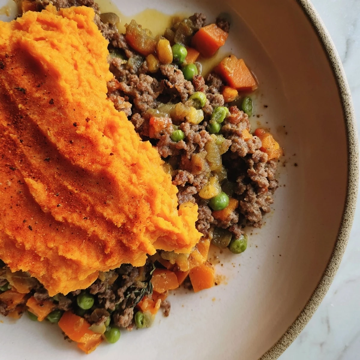Savory Lamb Shepherd's Pie with sweet potato, a warm, comforting main dish, bubbling in a baking dish.