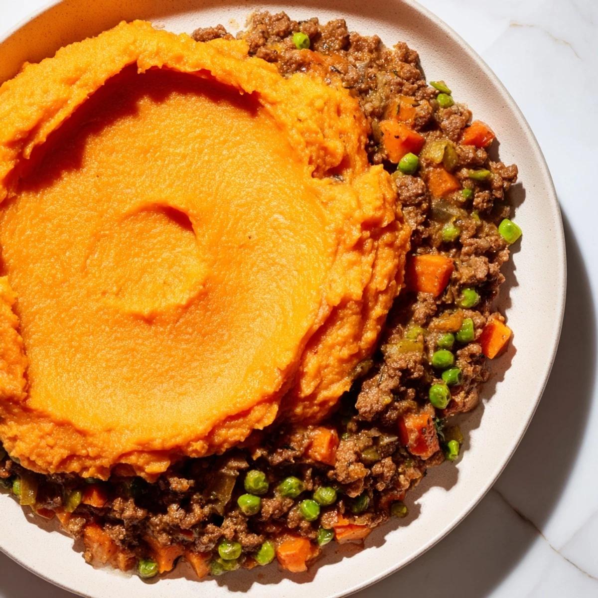 This savory Lamb Shepherd's Pie features a golden sweet potato topping with a rich, flavorful lamb filling.