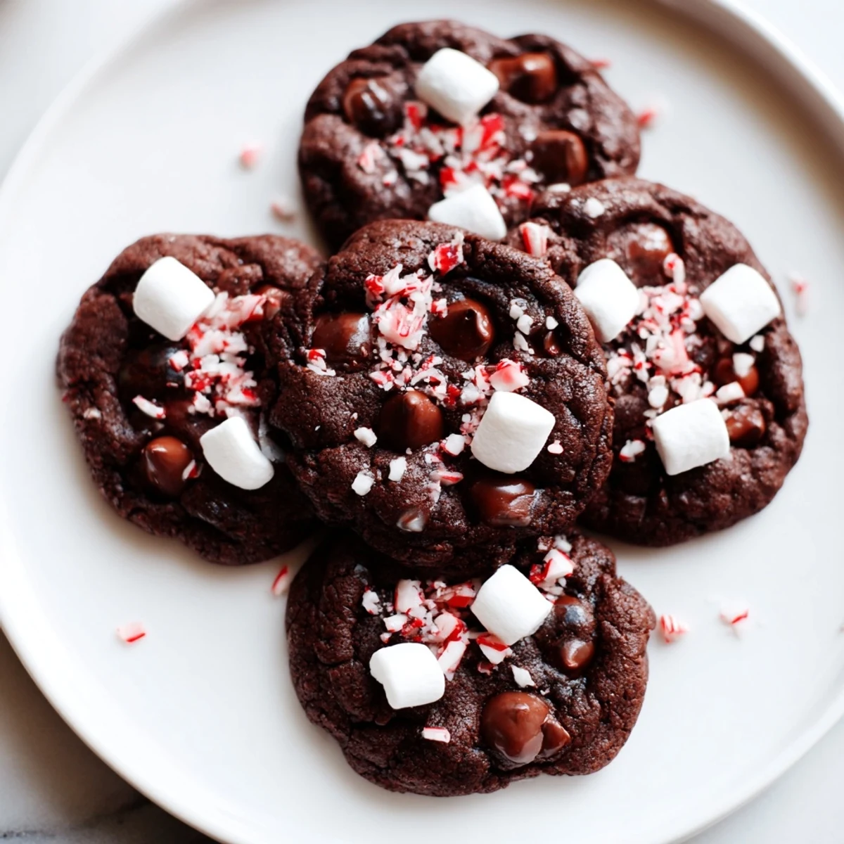 Warm, gooey Peppermint Hot Chocolate Cookies with melted marshmallows and crushed peppermint sprinkles.