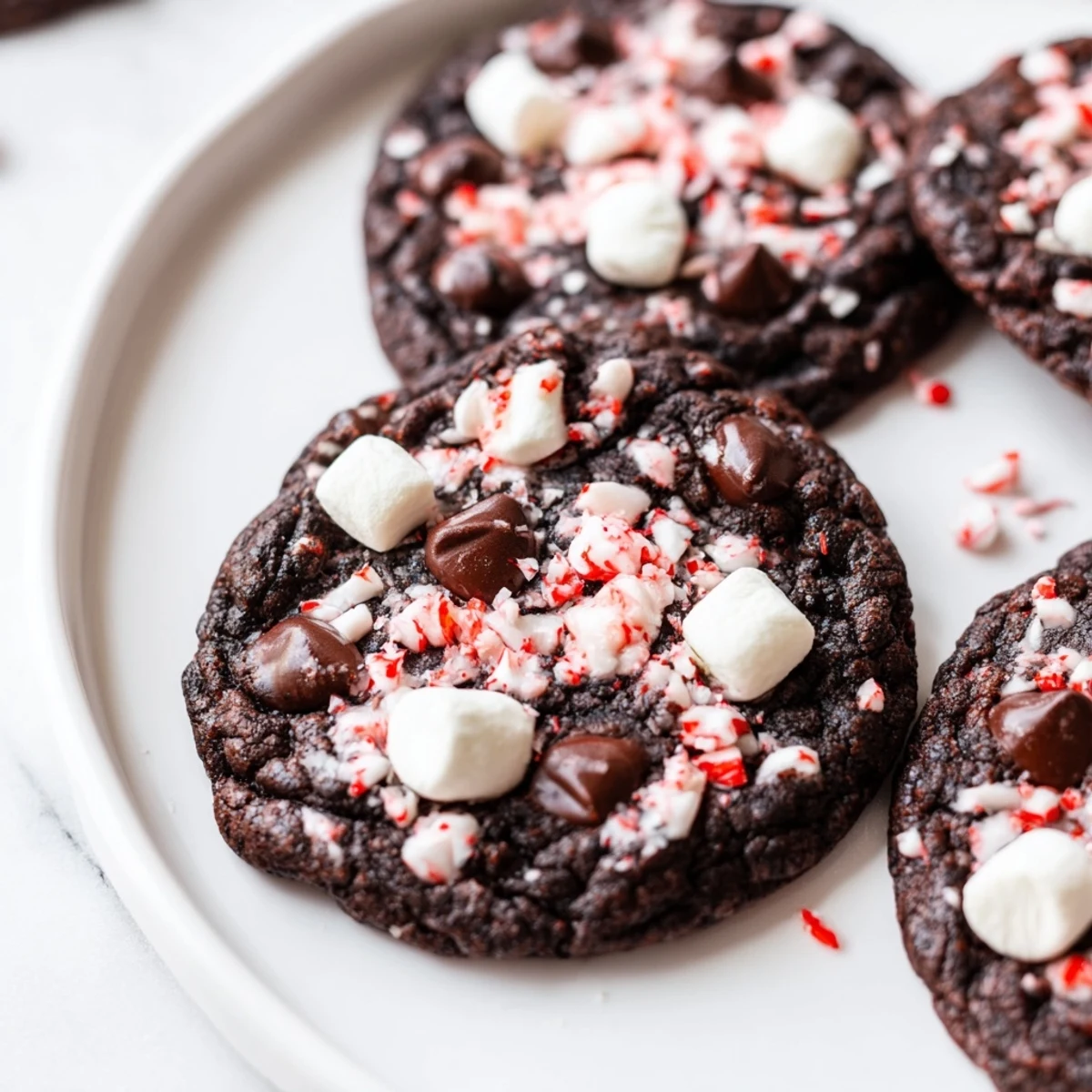 Fudgy, rich Peppermint Hot Chocolate Cookies just out of the oven, perfect for a cozy dessert treat.
