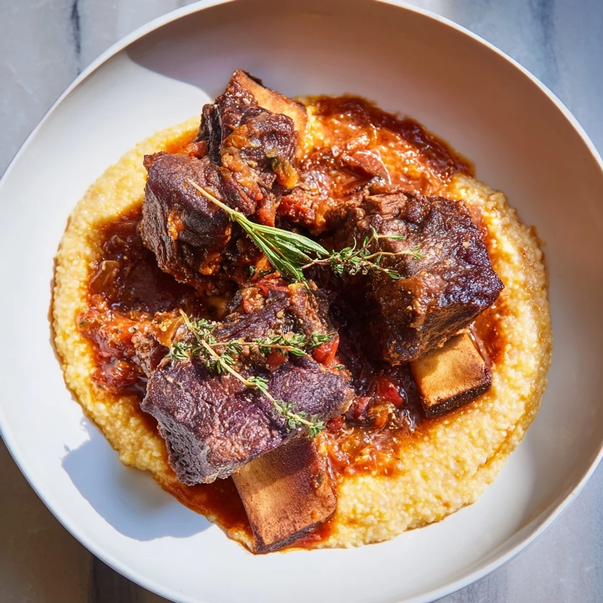 Tender, slow cooked beef short ribs glistening with savory sauce over creamy polenta, ready to eat.