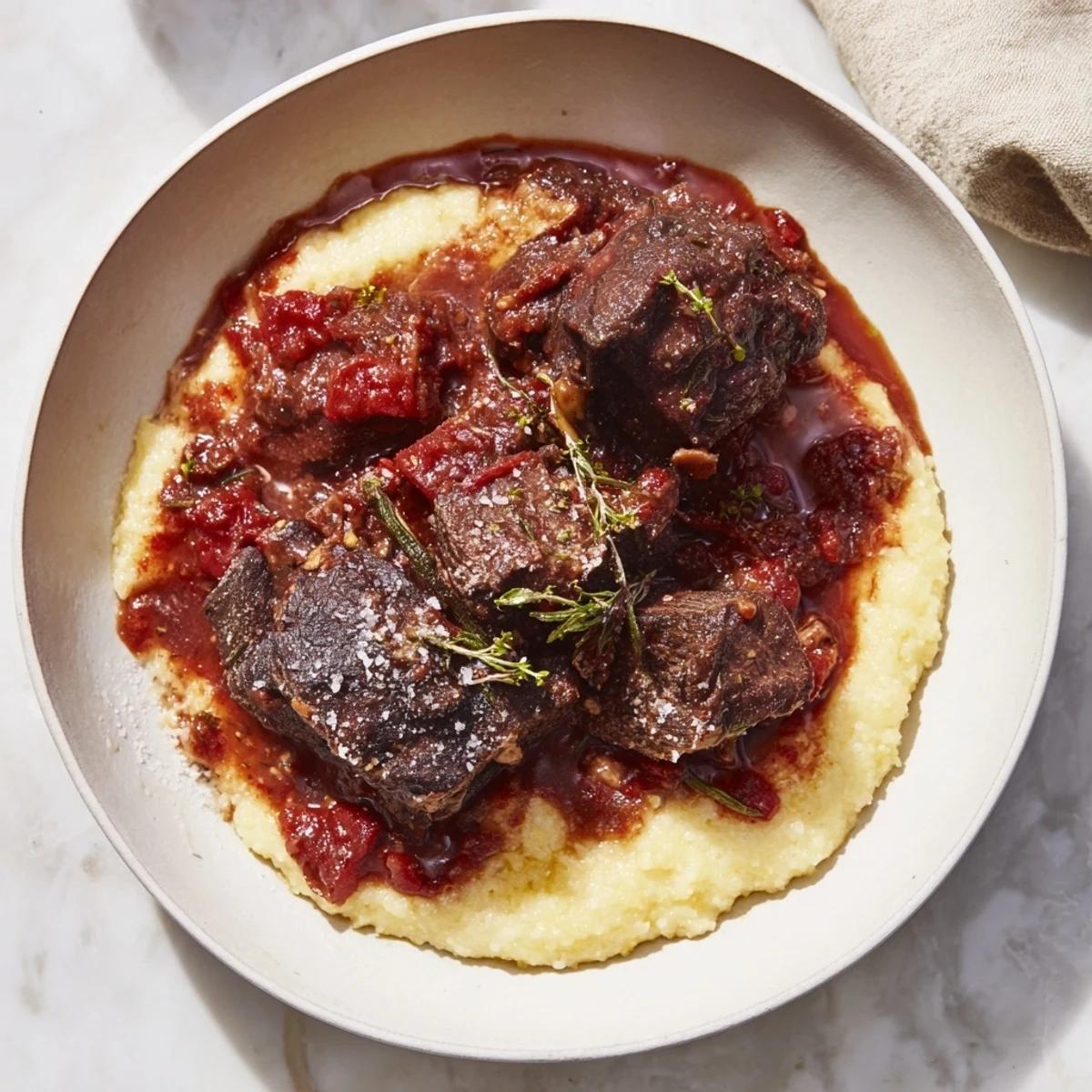 A close-up of Slow Cooked Beef Short Ribs, revealing the fall-apart meat and the creamy polenta texture.