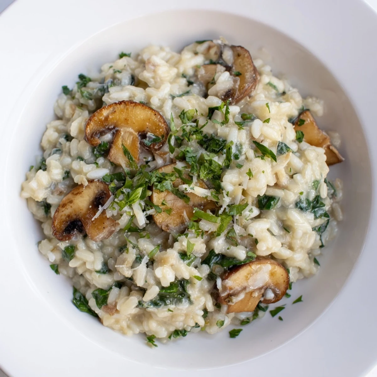 Creamy mushroom and spinach risotto with fresh parsley, a visually stunning vegetarian main course.