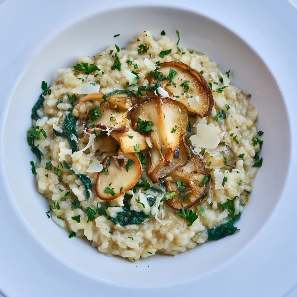 A steaming bowl of creamy mushroom and spinach risotto, garnished and ready to serve beautifully.