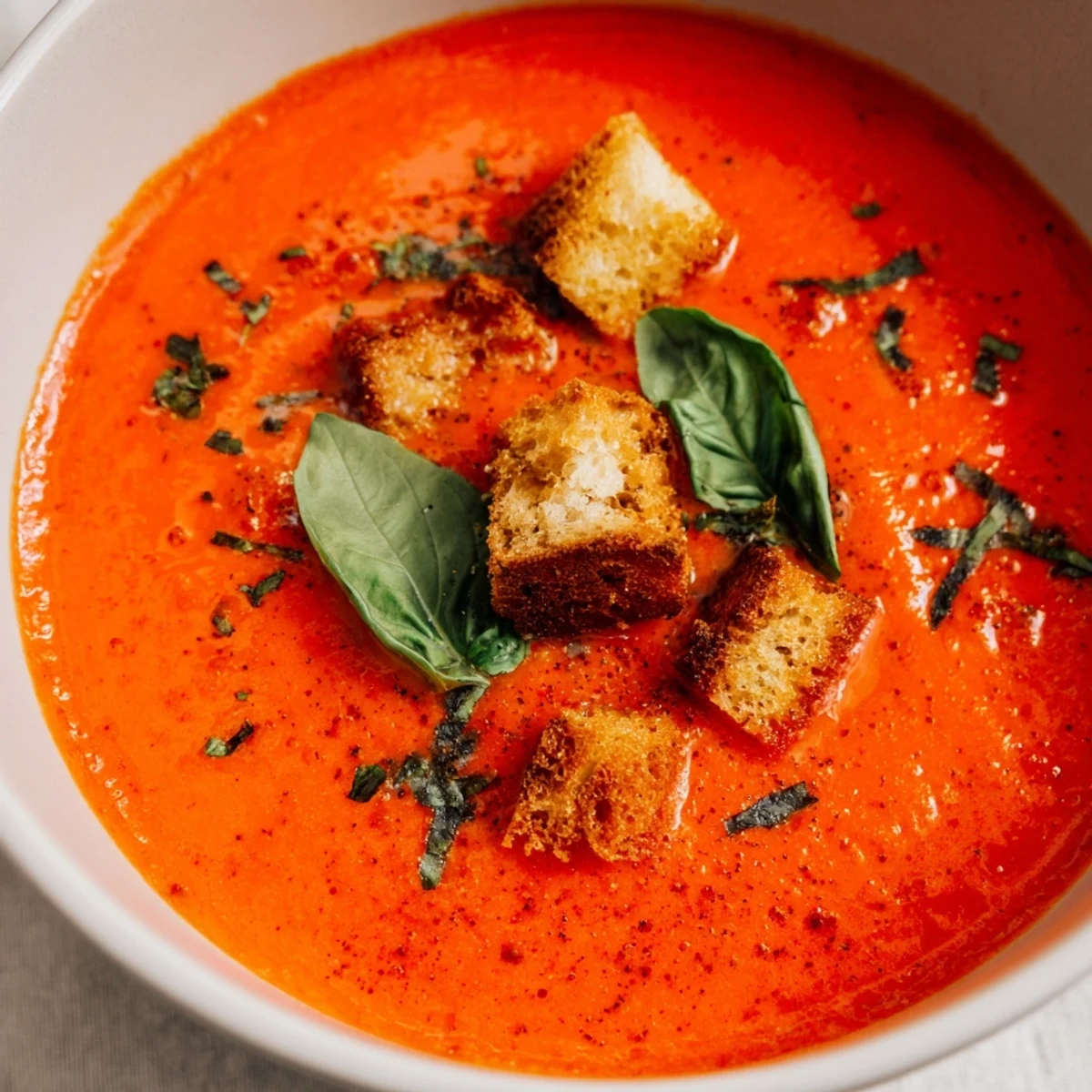 A steaming bowl of Creamy Tomato and Roasted Red Pepper Soup, vibrant and flavorful with roasted peppers.