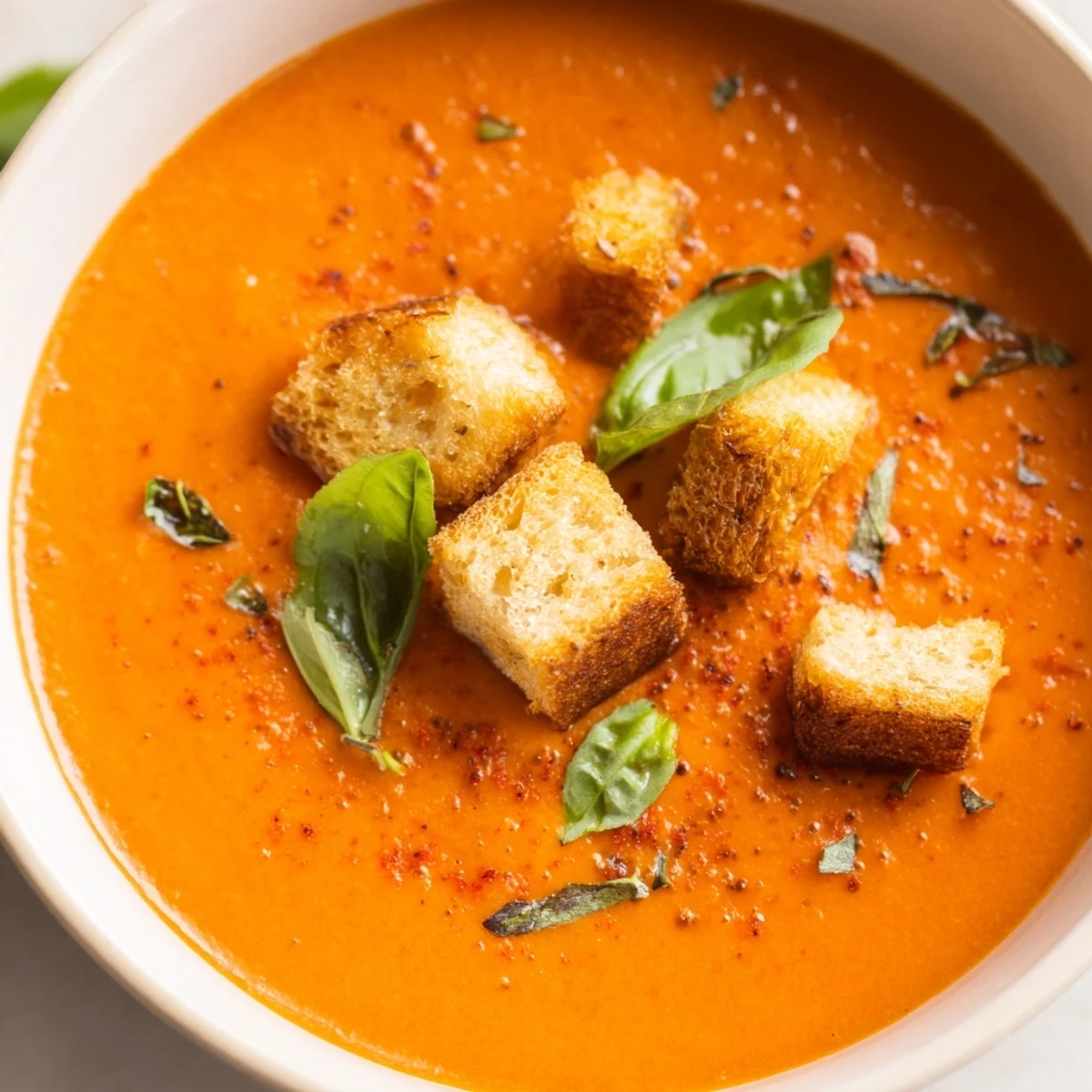 Smoky, rich Creamy Tomato and Roasted Red Pepper Soup, served hot, garnished with fresh basil.