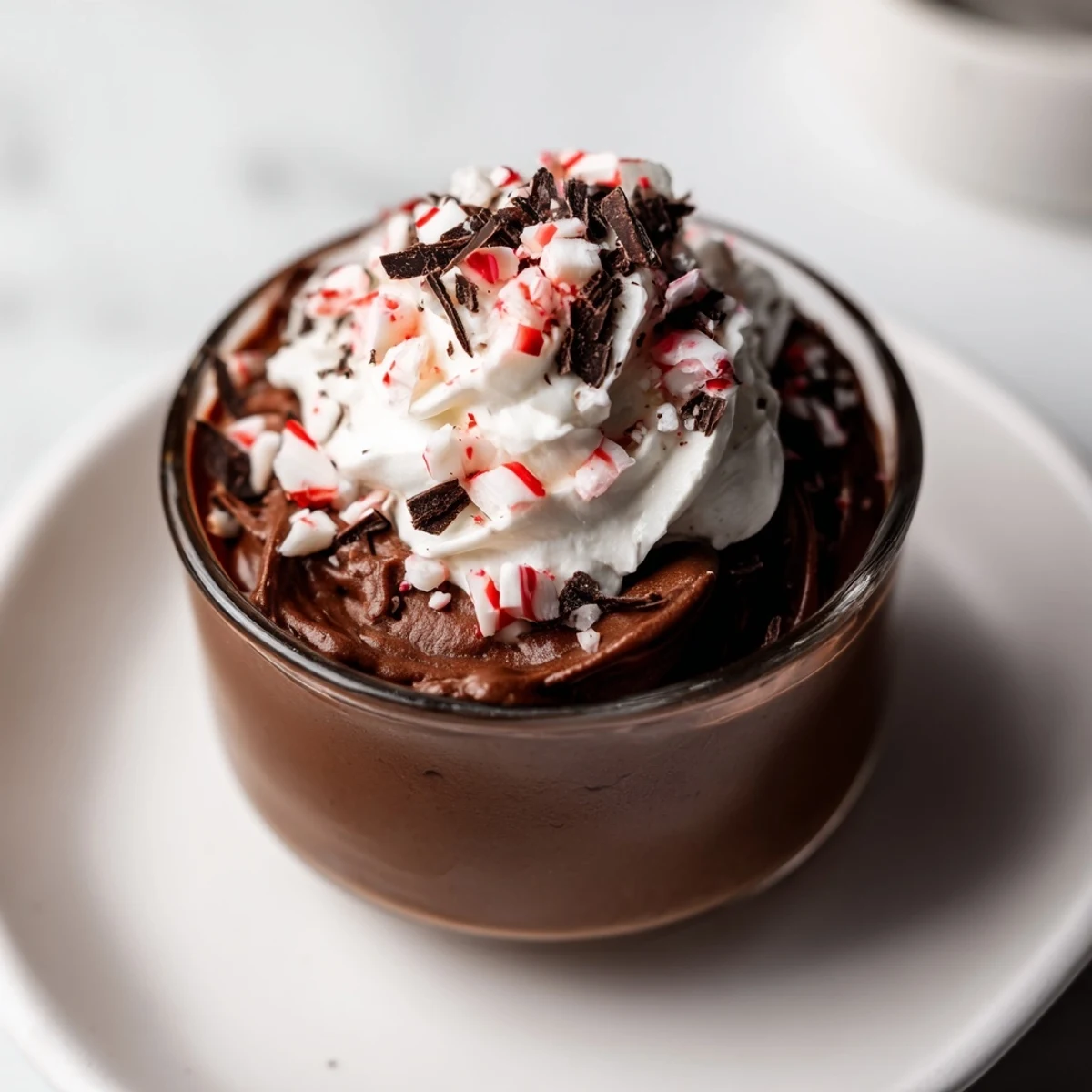 Decadent chocolate peppermint mousse, chilled and topped with whipped cream and crushed candy.