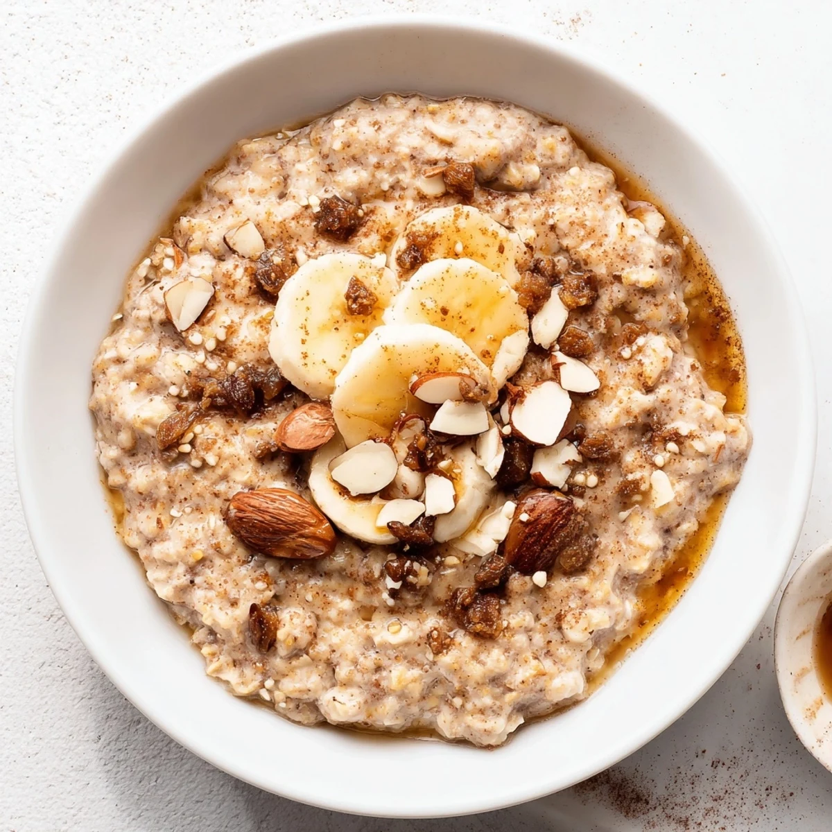 Steaming, warm Chai Spice Oatmeal in a bowl, topped with nuts and fruit, ready to enjoy.