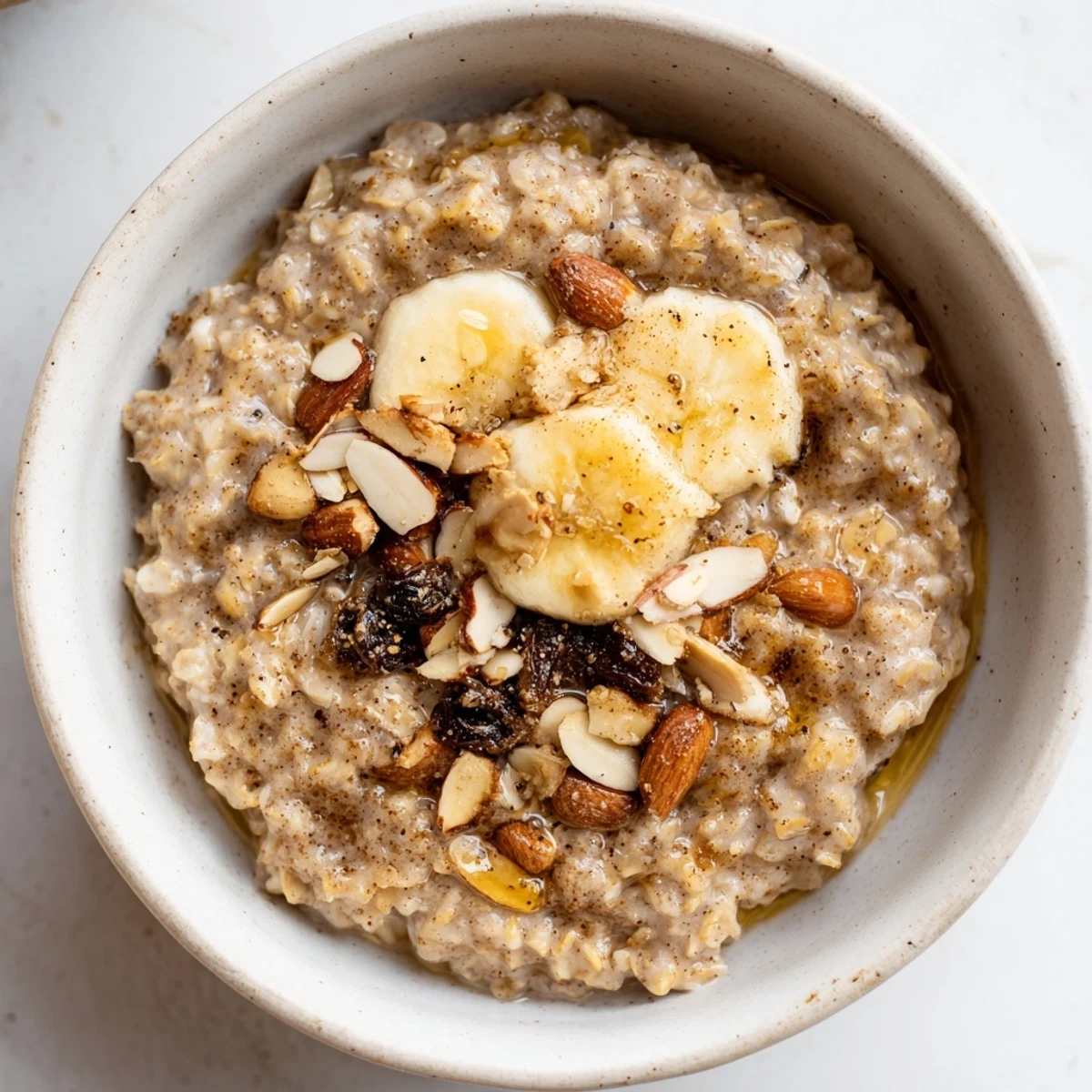 Delicious, comforting Chai Spice Oatmeal, garnished with chopped nuts, perfect morning meal.