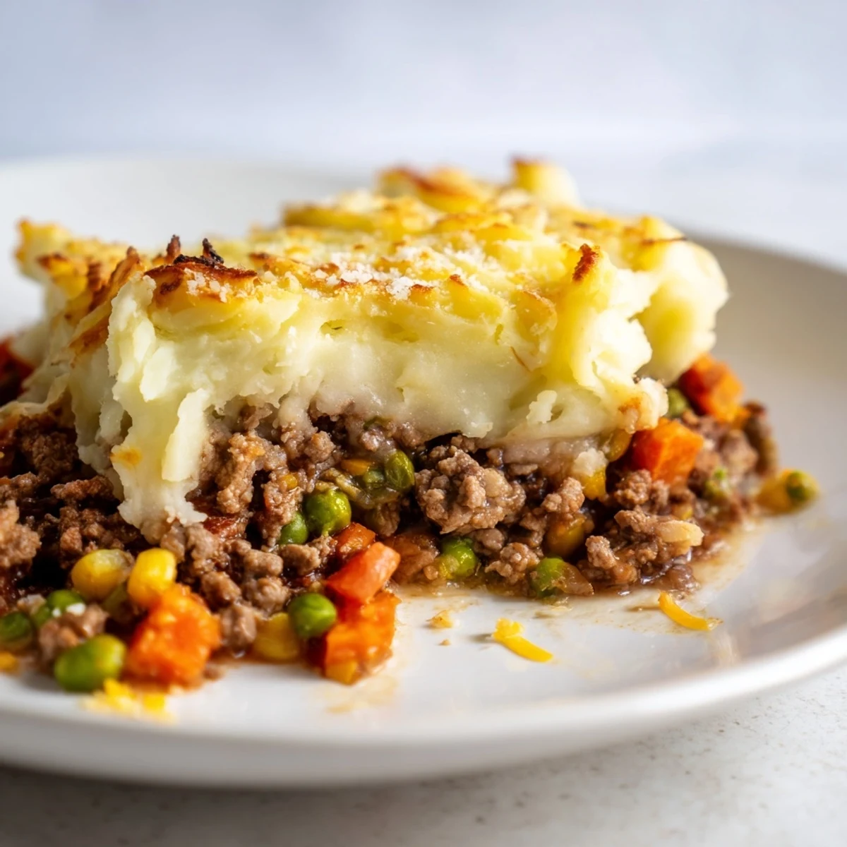 A steaming dish of Beef Shepherd's Pie featuring a rich, savory beef mixture and cheesy topping.