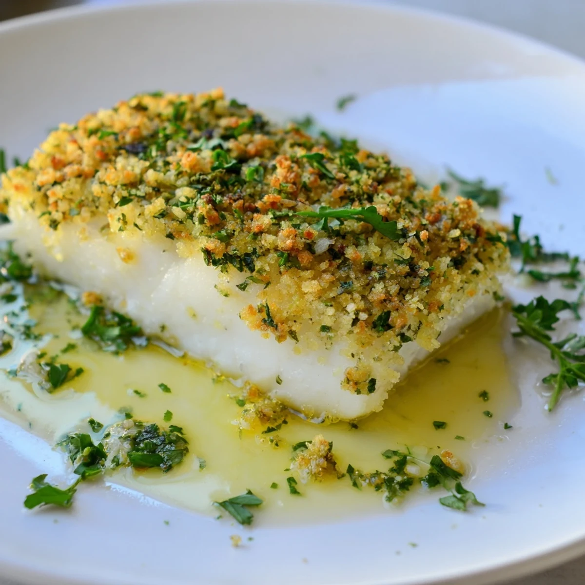 Golden, herb-crusted Halibut with Lemon Butter, flaked and ready to be drizzled with sauce.
