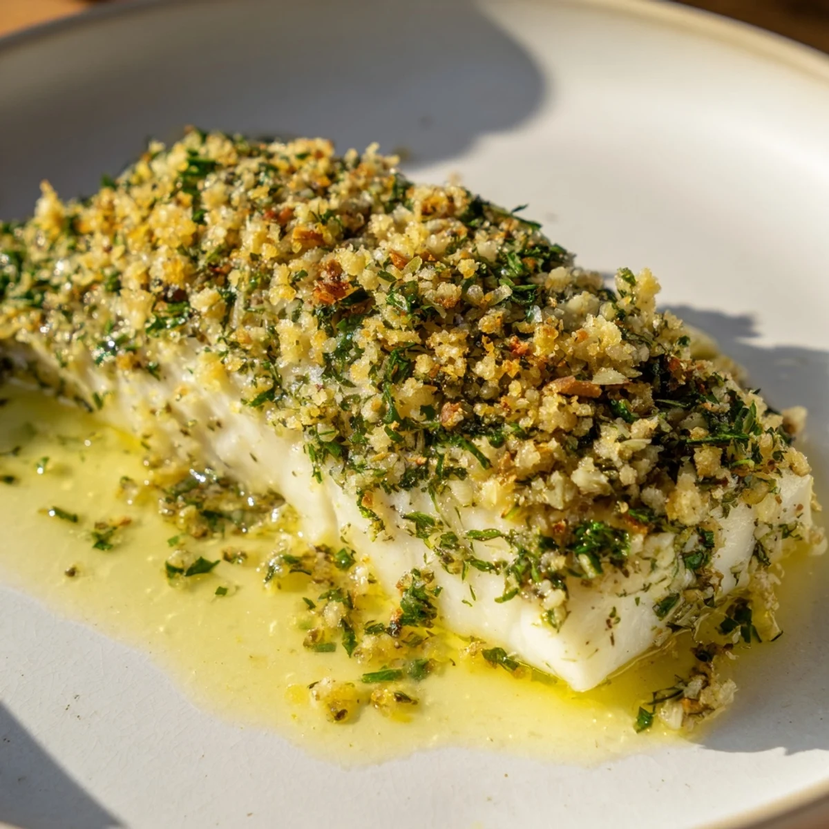 Perfectly baked Herb Crusted Halibut with Lemon Butter, served with a vibrant lemon butter sauce.