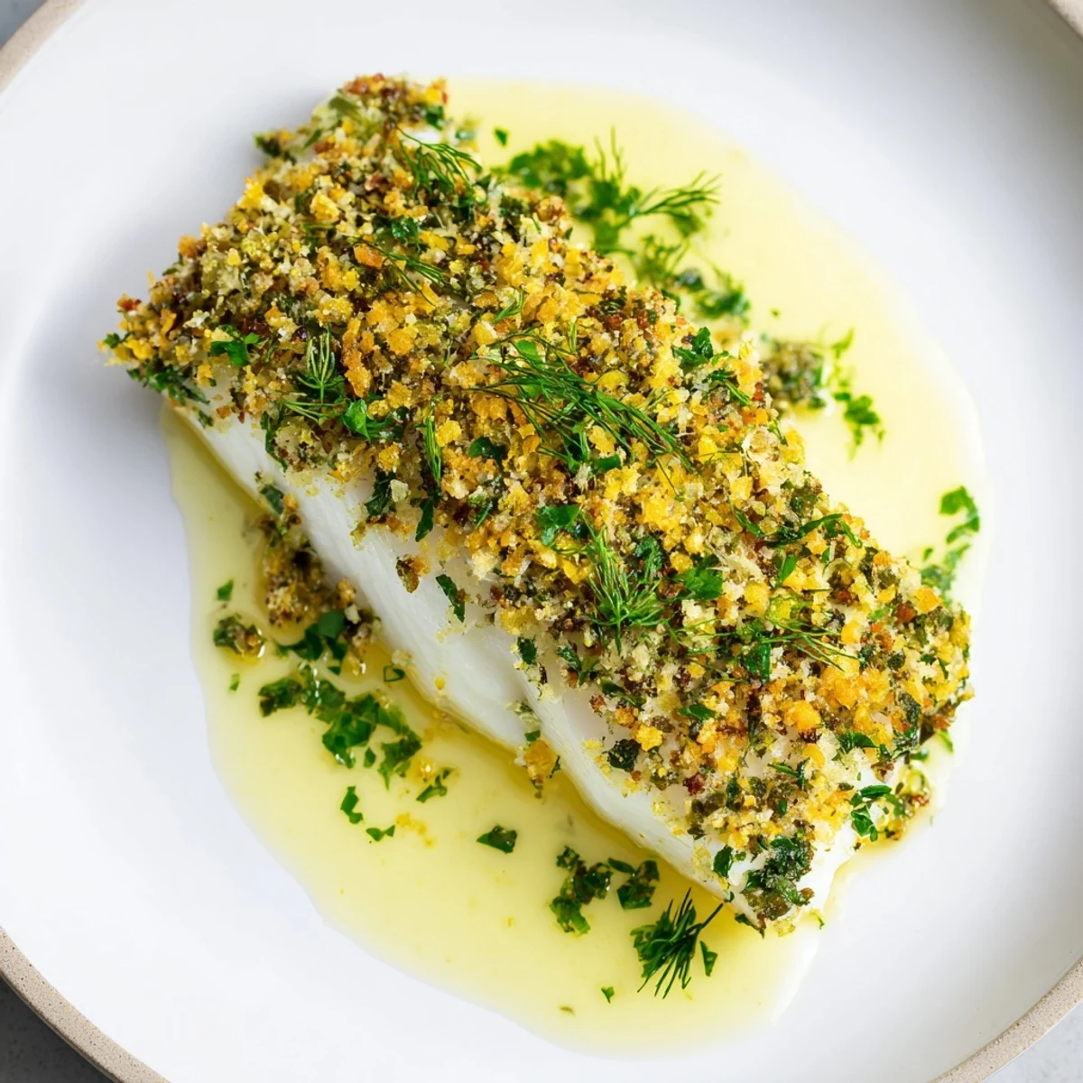 Close-up of flaky, delicious Herb Crusted Halibut glistening with a rich, buttery lemon sauce.