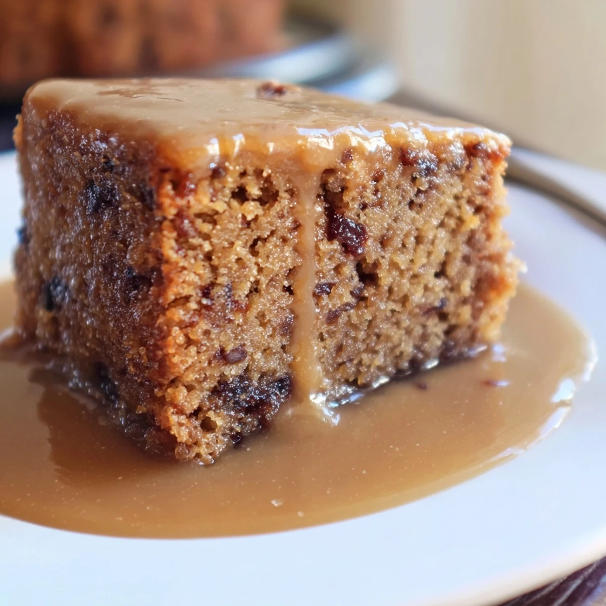 A warm slice of Sticky Toffee Pudding drizzled with golden toffee sauce, ready to serve.