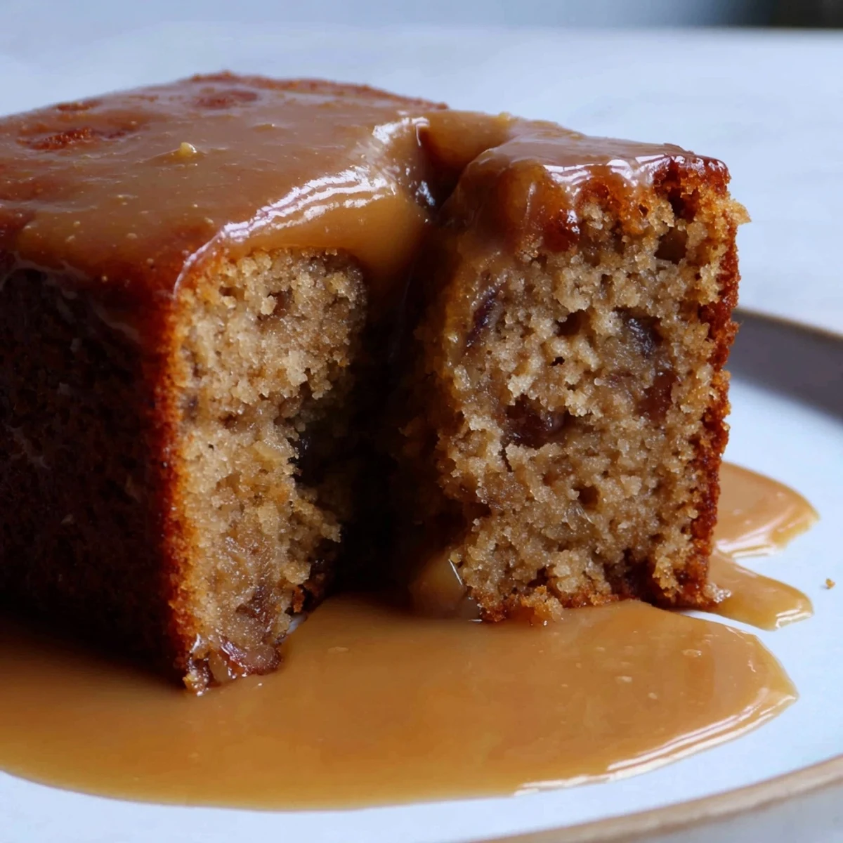 Close-up of bubbling toffee sauce over a slice of sweet Sticky Toffee Pudding.