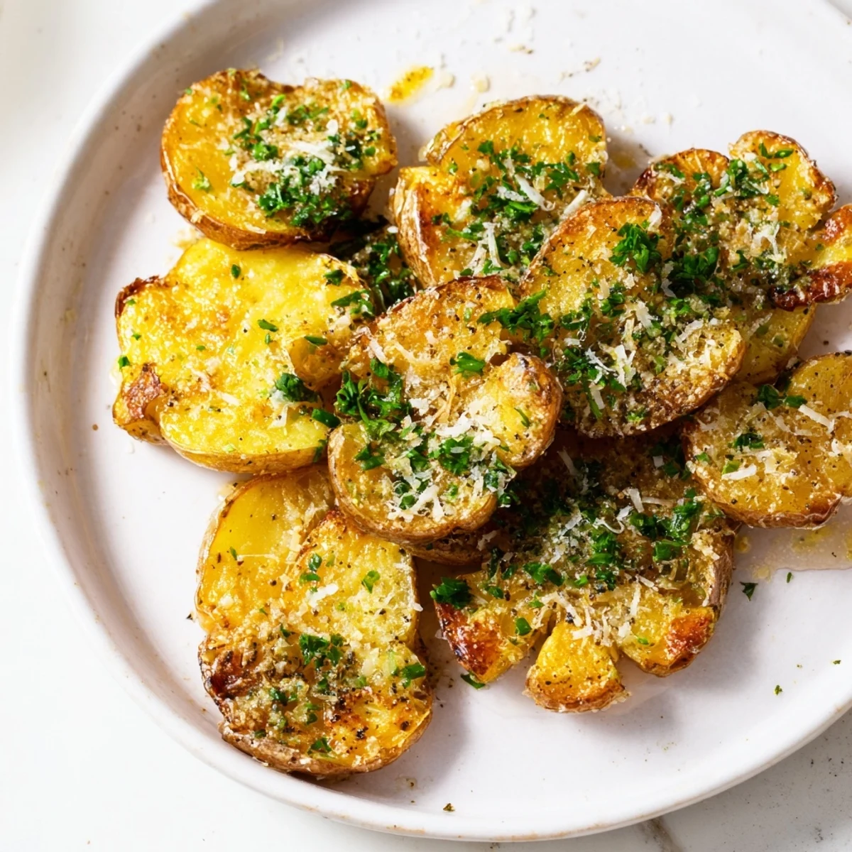 Golden-brown Garlic Parmesan Smashed Potatoes, crispy with herbs, are ready to serve.