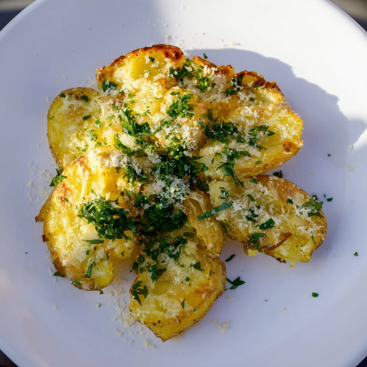 A close-up of cheesy, smashed Garlic Parmesan Potatoes, fragrant and bubbling on the baking sheet.